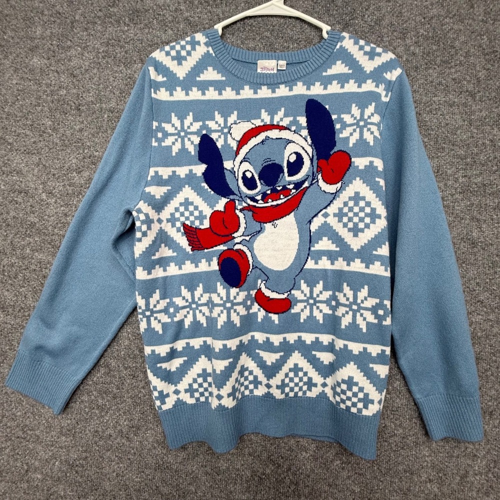 Disney Stitch Christmas‎ Sweater Blue Fair Isle Holiday Knit kids XL XL/EG/TG